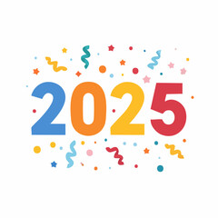 Colorful illustration of the year 2025 with confetti and celebratory elements.