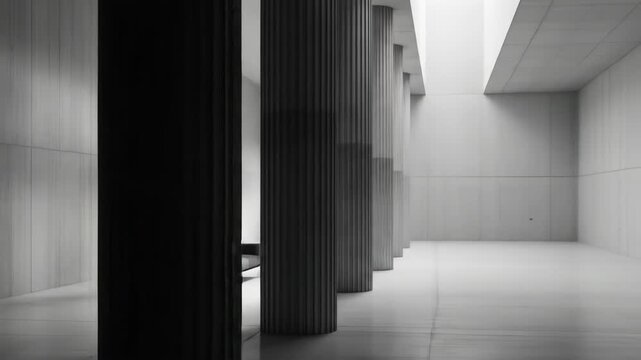 Minimalist grayscale interior with fluted columns and a seating area