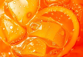 Close-up of fizzy orange soda, ice cubes, condensation,  texture,  liquid
