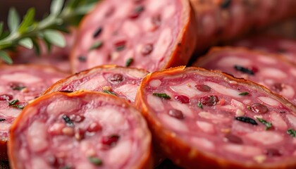 Close-up of several slices of vegan salami, showing texture and color,   high-resolution,   food styling