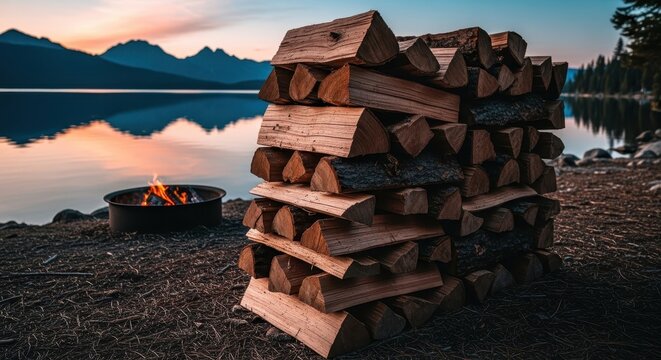 Pile of firewood beside a lake with a campfire burning