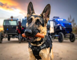 German Shepherd with a treat in front of police vehicles