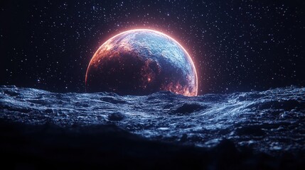 Distant planet rises above the rough surface of a moon, stars shining brightly