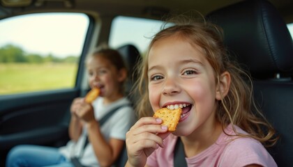 Two happy girls eat crackers in car during road trip. Children enjoy snack while traveling on vacation. Passengers smile and have fun on journey together.