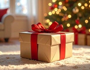 Gift box with a red bow sits on a white rug, with a lit tree in the background