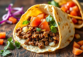 Crispy corn tortilla filled with seasoned ground beef, lettuce, cheese, and pico de gallo,  cuisine,   appetizing