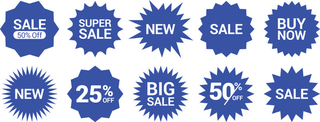 Blue sale stickers, price tags, starbursts, quality marks. Starburst sunburst badges. Design elements discount tags, price stickers, shopping labels