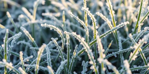 Delicate, frost-covered blades of grass, icy crystals clinging to each stem,   nature photography,   white background