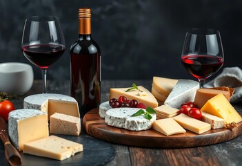 Elegant cheeseboard with assorted cheeses and bottle of red wine, nuts, grapes