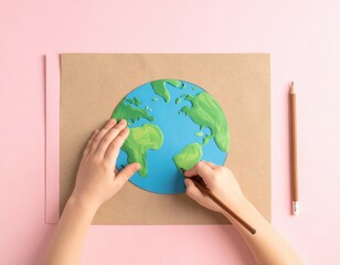 Child's hands drawing the Earth on paper with a pencil on a pink background