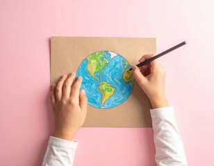 Child's hand drawing the Earth on paper against a pink background