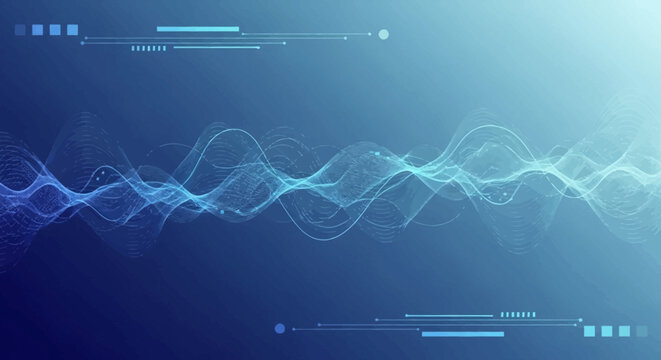 Abstract blue background with dynamic wavy lines and futuristic digital interface elements, representing data flow or sound waves.