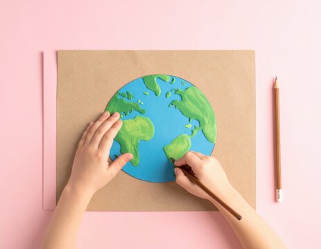 Child's hands drawing the Earth on paper with a pencil on a pink background