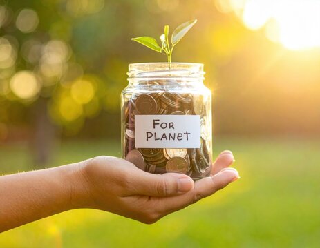 Saving for the planet: a jar of coins with a growing plant in the sunlight