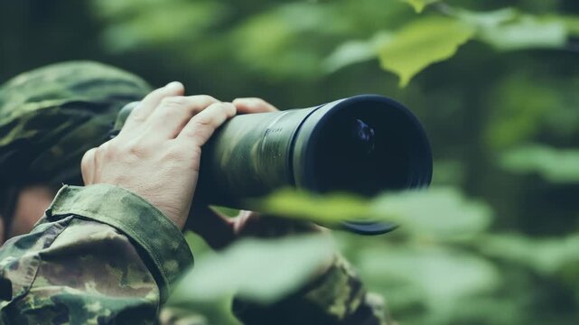 Soldier Aiming a Spotting Scope in Forest, Camouflage Uniform