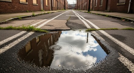A puddle reflecting the sky in an abandoned city street