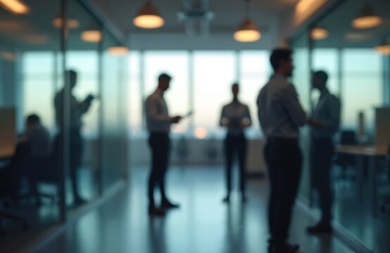 Modern office scene with blurred silhouettes of coworkers. Employees discuss work, share ideas in office space. Business team interacts in contemporary office environment. Soft lighting, glass walls