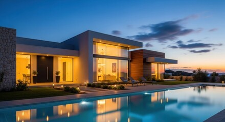 Obraz premium Luxury modern villa with pool at sunset