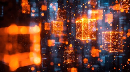 Glowing cubes float amidst a dark blue backdrop, filled with scattered particles