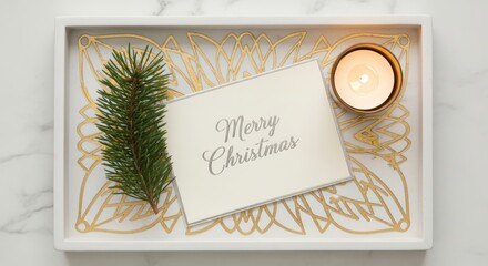Christmas Greeting Card with Candle and Pine Branch on Decorative Tray