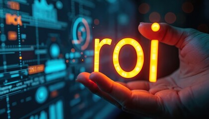 Hand holding glowing ROI letters over tech interface screen. Financial analysis concept with data visualization. Business strategy. Economic growth. Innovation investment and digital transformation.