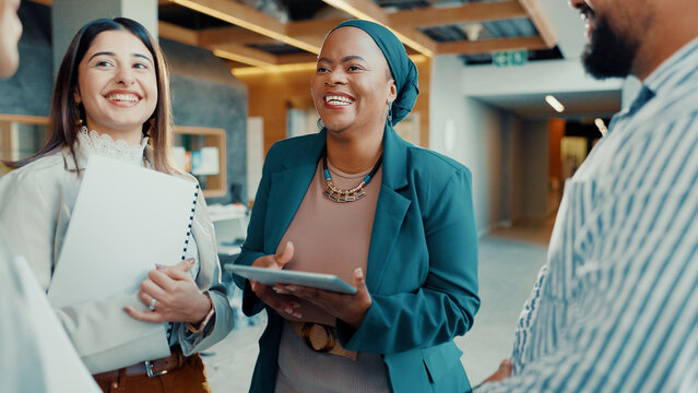 Business, training or people with laughing in lobby for seminar break, funny opinion or brainstorming. Global workshop, team and happy at event for career development, share ideas and corporate joke