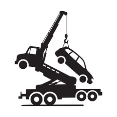 Silhouette Heavy Duty Tow Truck Crane Lifts Stranded Car High Above The Road. 