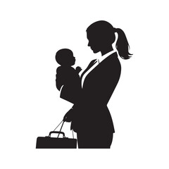 Silhouette illustration of a woman in a business suit with her hair in a ponytail, holding a baby. 
