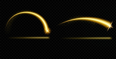 Magic shooting star with an arc and light trail set. Gold stardust sparkle, meteor arch. Flare shine light texture. Vector illustration effect by shine curve line on a night transparent background. © Syuzann q