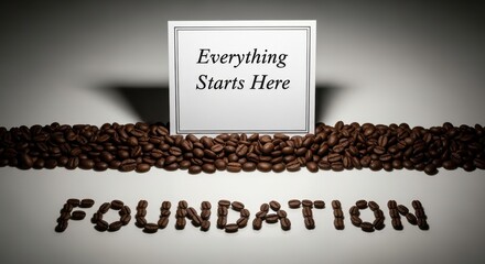 Coffee beans arranged to spell foundation with a sign stating Everything Starts Here