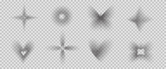 Plakat Grain gradient y2k shapes icons. Grainy noise sparkle, flower, butterfly signs set. Simple heart, circle and stars figures. Vector spray gradation figures isolated on transparent background.