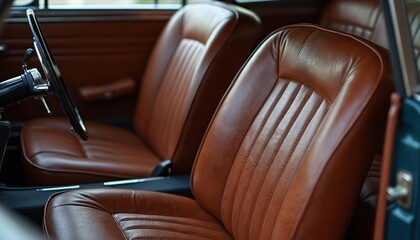 Classic car interior view with brown leather seats. Vintage vehicle with detailed upholstery and design. Steering wheel and luxurious details. Retro car era with antique automobile style and comfort.