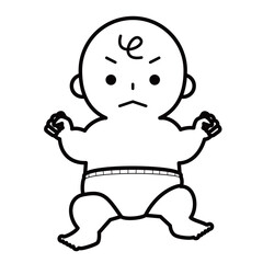 不機嫌そうなおむつ姿の赤ちゃん