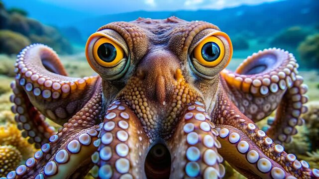 Close up of an octopus with large yellow eyes in the ocean cephalopod marine life