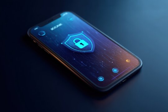 Smartphone security concept with a glowing shield on an iPhone screen for privacy, protection, and cyber security visualization
