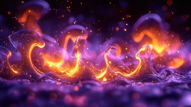 Glowing orange waves on a purple surface, with bokeh and small sparkling dots - Powered by Adobe
