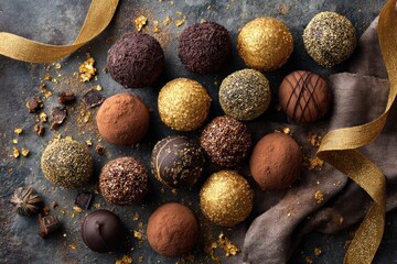 Assorted chocolate truffles with golden ribbon on dark background, top view
