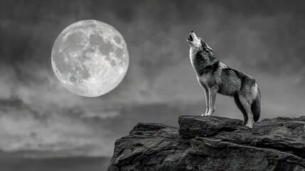 Wolf howls at the full moon atop craggy rocks, silhouetted against cloudy night sky