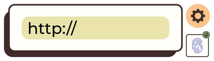Search bar with http placeholder, settings gear, verified badge, and fingerprint scan icon. Ideal for online security, user authentication, technology, privacy, browsing interface cybersecurity