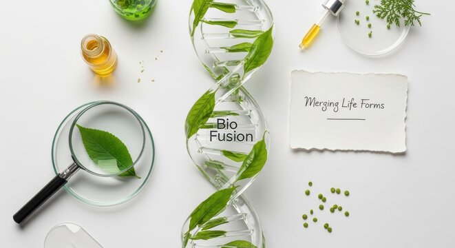 DNA helix merging leaves and biology concept on white background