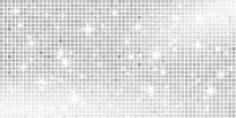 Silver glittering disco ball background. Christmas mirror backdrop with sequin mosaic and white sparkle pattern. Shine grey grid texture festive party decoration. Vector illustration.