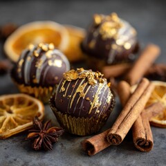 Close up of chocolate truffles with orange and cinnamon on a gray surface