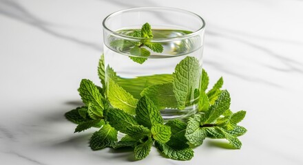 Glass of Mint Infused Water with Fresh Green Leaves