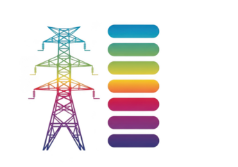 Colorful electricity pylon with rainbow spectrum isolated on transparent background, representing energy, power, and modern technology