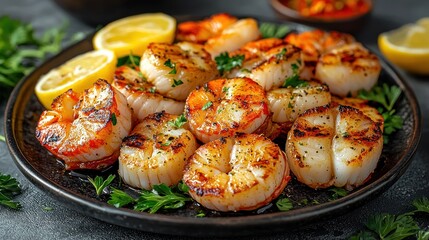 Grilled scallops and lemon wedges on a plate with herbs, close-up