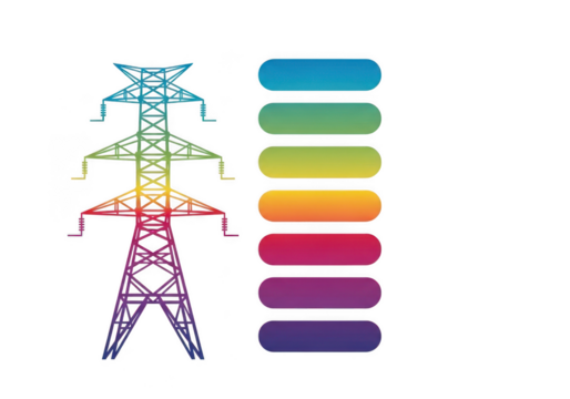 Colorful electricity pylon with rainbow spectrum isolated on transparent background, representing energy, power, and modern technology