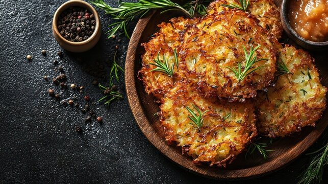 Golden potato latkes on wood plate with sauce, rosemary & peppercorns on dark surface