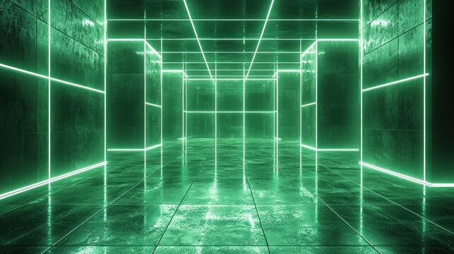 Green neon grid tunnel with tiled walls and floor, a futuristic corridor - Powered by Adobe