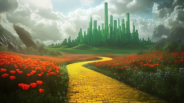 Magical emerald city skyline rises above a yellow brick road through poppy fields