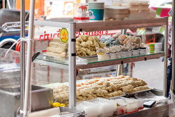 Bangkok, Thailand - August 30, 2025: Street Food Dumpling Stall in Chinatown Bangkok, Thailand